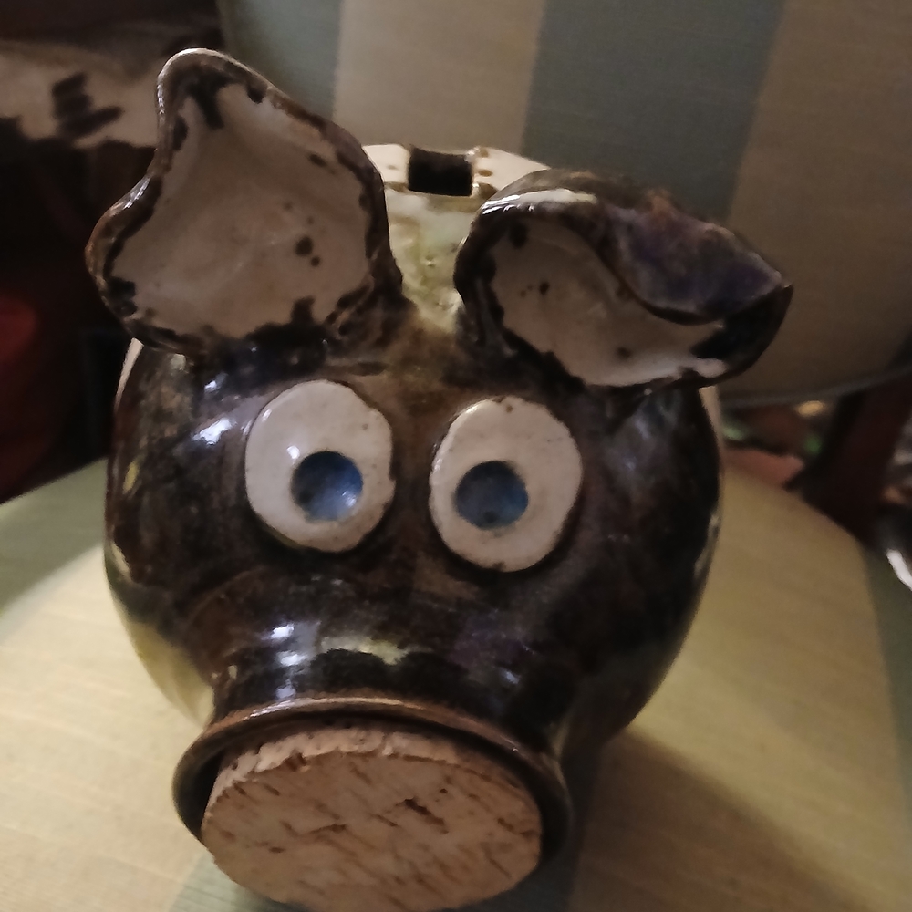 Handcrafted POTTERY Piggy Bank - BROWN and CREME